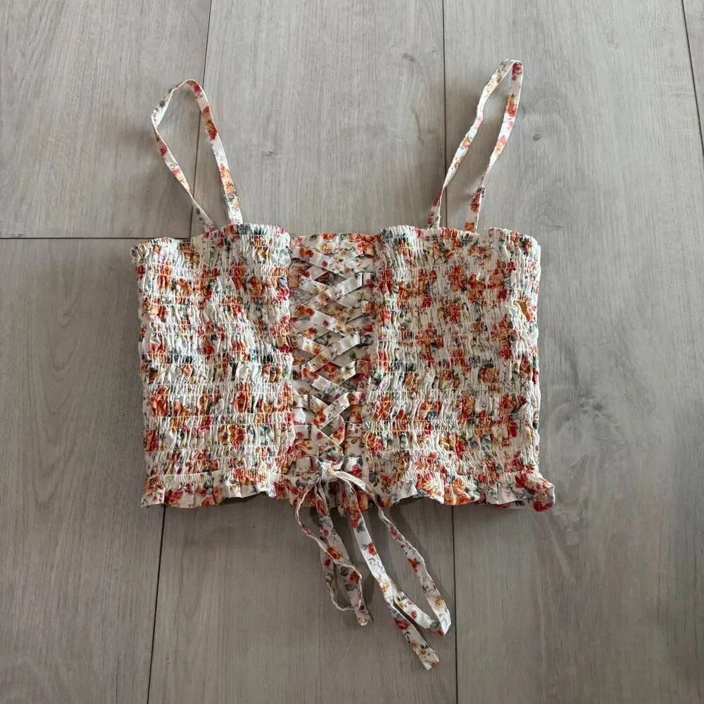 AMERICAN EAGLE cream floral shirred crop top size m